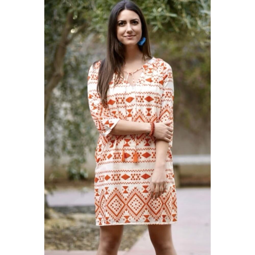 Dolma Dress Phoebe 100% Cotton Cream Coral Tribal Print Sz S NWT boho summer
